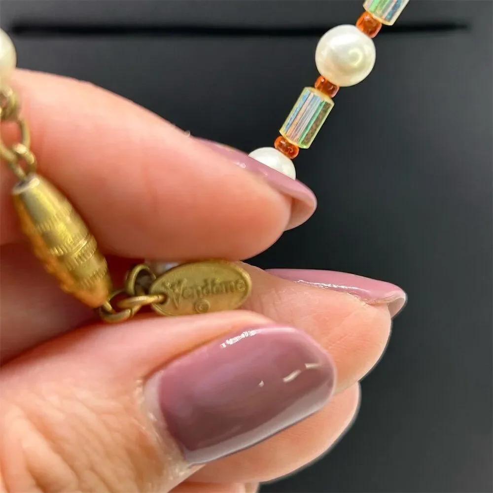 Vintage Vendome Signed Faux Pearl & Sparkle Beaded Long Necklace 28